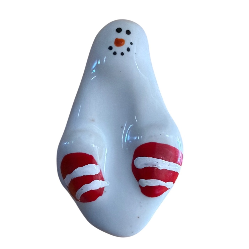 Hand Painted Ceramic Snowman Pin Red White Striped Mittens Holiday Brooch